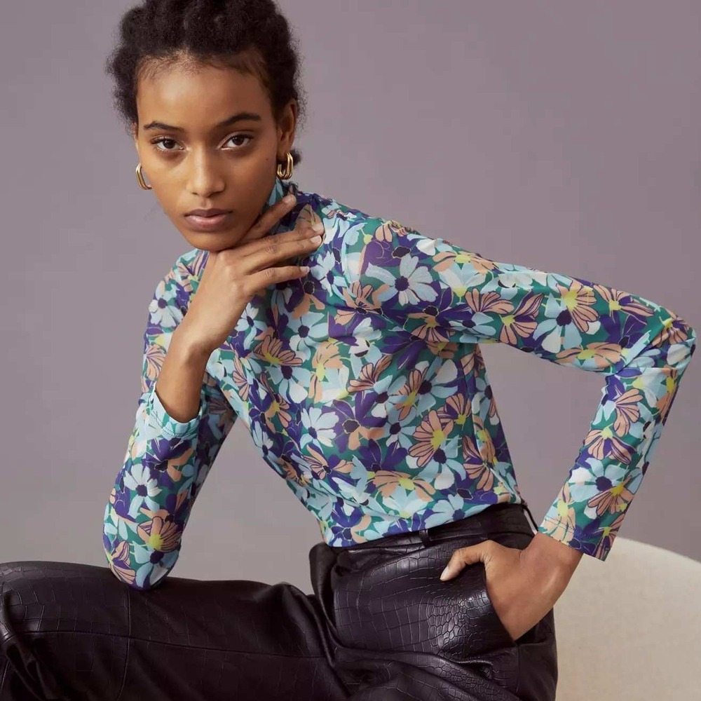 Maeve Anthropologie Sheer Floral Mesh Turtleneck Top Blue Green Size Medium